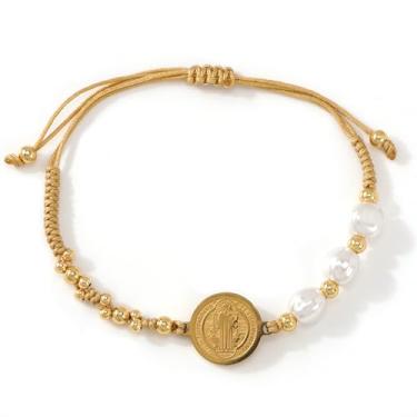 Imagem de EQUBIO Pulseira feminina de São Bento, cordão de contas de ouro ajustável com medalha de São Bento e contas de pérolas, pulseira com pingente religioso católico cristão, presente de joia de fé para
