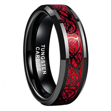 Imagem de TUTISS Anéis de tungstênio preto com revestimento de dragão celta de fibra de carbono e 8 mm, 8 mm, vermelho, verde, roxo, para homens, mulheres, alianças de casamento, bordas chanfradas, ajuste confortável, Metal não precioso, Sem pedra preciosa