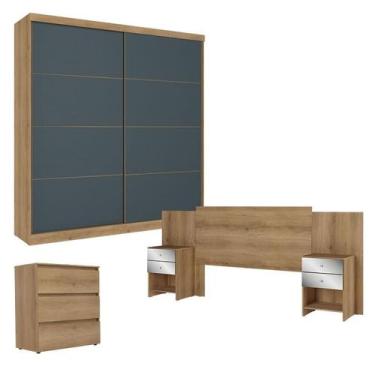 Imagem de Guarda Roupa Casal Malaga 2 Portas Capuccino Azul com Cômoda Gaveteiro