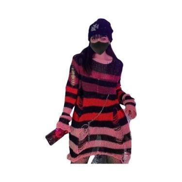 Imagem de Suéter Feminino Y2K Gótico Com Furos E Listras, Tricô De Manga Longa R