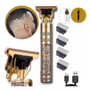 Imagem de Aparador de Barba e Cabelo Máquina Buda Profissional Lâmina Titânio Bateria Recarregável Dourado USB