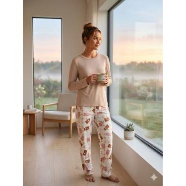 Imagem de Pijama Manga Longa Feminino Calça Estampada Outono Inverno Tamanho:PCo