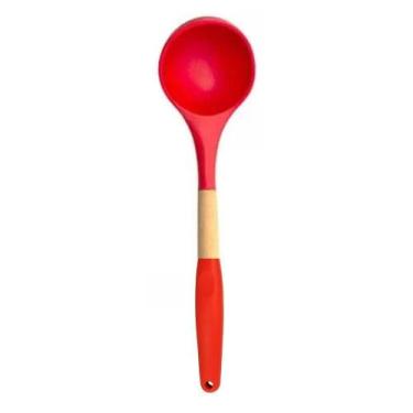 Imagem de Concha De Silicone Com Cabo Madeira Para Feijão E Molho Em Casa Tem