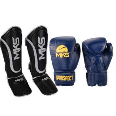Imagem de Kit Luva Boxe Muay Thai Prospect Azul/Amarelo 14oz + Caneleira Prospec