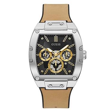 Imagem de GUESS Relógio masculino casual multifuncional de 43 mm – Caixa de aço inoxidável café com mostrador de diamante azul e pulseira de couro de crocodilo marrom, Bege/preto/dourado/prateado, ONE