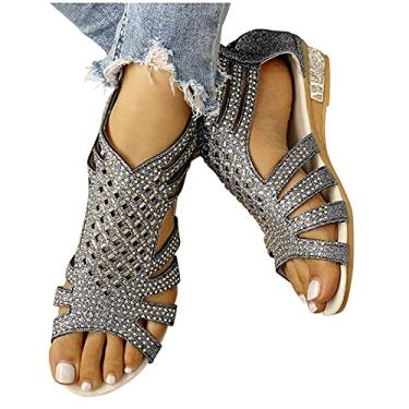 Imagem de Sandálias femininas elegantes de verão, sandálias planas cravejadas sandálias anabela sandálias de praia chinelos sapatos brilhantes, Preto, 7.5