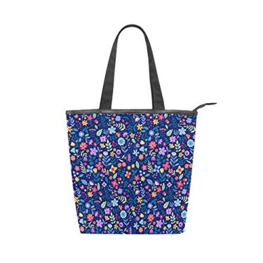 Imagem de Bolsa feminina de lona durável, linda e pequena flores coloridas azul grande capacidade sacola de compras bolsa de ombro