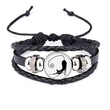 Imagem de DIYthinker Pulseira elástica preta gato Halloween desenho animal pulseira de couro trançado corda trançada