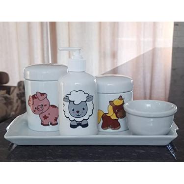Imagem de Kit higiene bebê Fazendinha 5 peças - Bandeja, potes, porta álcool e molhadeira - Tudo Porcelana