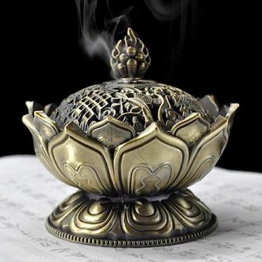 Imagem de Queimador de Incenso de Lótus Vintage Tibetano Bronze Incenso Buda Suporte de Cone de Retorno Tigela de Queima de Carvão com Tampa Suporte Auspicioso de Aromaterapia para Casa Decoração Interna