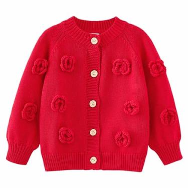 Imagem de Casaco de malha floral de manga comprida para bebês meninas com botões e blusa fofa outono inverno jaqueta quente, Vermelho, 3-4 Anos