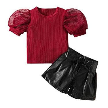 Imagem de Nova cesta de presente para bebês meninas bebês meninas tule manga bufante camiseta nervurada PU estampa de porco bebê (vermelho, 2 anos)