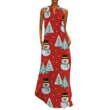 Imagem de UIFLQXX Vestido longo feminino plus size, sem mangas, gola V, estampa de Natal, vestido de coquetel, vestido evasê, Vermelho, G