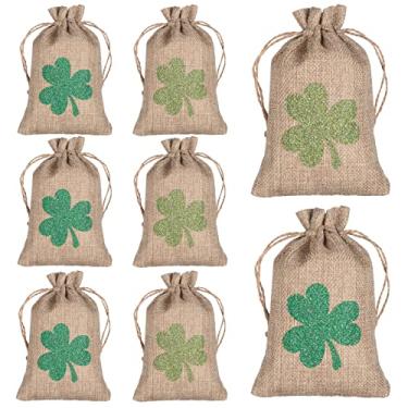 Imagem de Whaline 24 peças Saco de Dia de São Patrício Saco de trevo de sorte com cordão Bolsa de presente de linho rústico de estopa bolsa de chocolate para festa irlandesa prêmios de caça ao tesouro duende duende