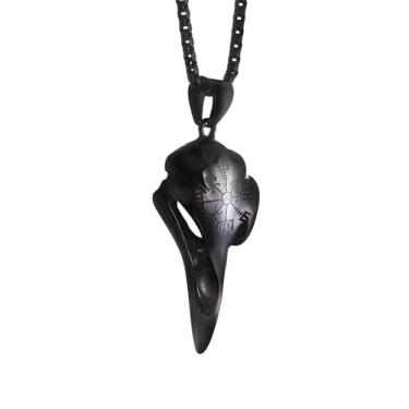 Imagem de Colar HAQUIL Helm of Awe, Aço inoxidável banhado a preto, caveira de corvo Viking, pingente de talismã de proteção Aegishjalmr, corrente de caixa, joias Viking para homens