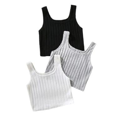 Imagem de Milumia Pacote com 3 camisetas regatas de malha caneladas para meninas, gola redonda, sem mangas, camisetas curtas, Preto, cinza, branco, 15 Years