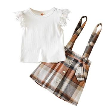 Imagem de Baby Stuff para meninas, camiseta de renda, sem mangas, canelada, suspensório, vestido xadrez, 2 peças, roupas de princesa, Branco, 2-3 Anos