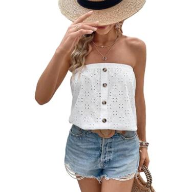 Imagem de SweatyRocks Camiseta feminina com botões bordados com ilhós, frente única, tomara que caia, Branco, PP