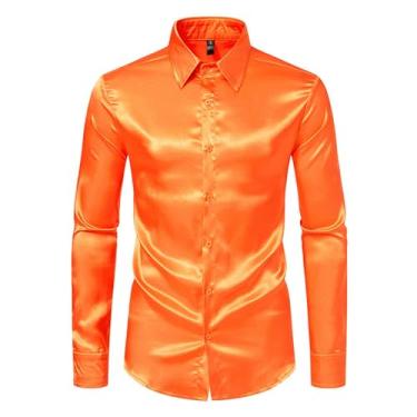 Imagem de Camisa masculina casual slim fit manga longa cetim botão cor sólida brilhante camisa boate, Laranja, P