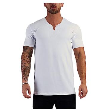 Imagem de Camiseta atlética masculina, manga curta, gola V, respirável, algodão, lisa, para treino slim, Branco, XXG
