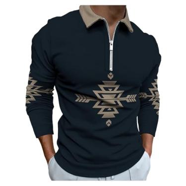 Imagem de Camisa polo masculina estampa tribal digital 3D pulôver meio zíper frontal manga longa, Lago azul, P