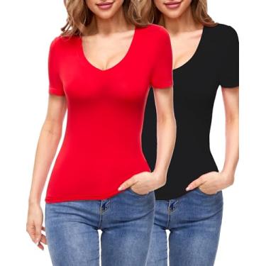 Imagem de Urvicor Camisetas femininas de malha elástica com gola V e manga curta, pacote com 2, Preto + vermelho, GG