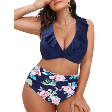 Imagem de CUPSHE Biquíni feminino plus size, cintura alta com babados, amarrado nas costas, franzido, Azul índigo/floral, GG Plus Size