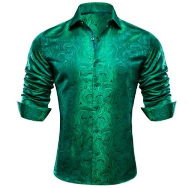 Imagem de Barry.Wang Camisas Paisley para homens camisa muscular de seda botão manga comprida tops regulares moda flor casamento/formal, Flor tecida verde, 3G