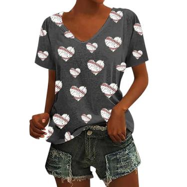 Imagem de Camiseta feminina de beisebol, estampada, manga curta, gola V, folgada, presentes engraçados, túnica, camiseta de verão, Cinza escuro, XXG