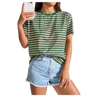 Imagem de Floerns Camisetas femininas casuais listradas, gola redonda, manga curta, Verde e cáqui, P