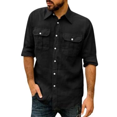Imagem de Camisetas masculinas primavera outono algodão linho manga comprida bolso duplo ferramentas lapela camisa masculina roupas masculinas, Preto, P