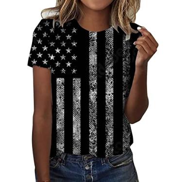 Imagem de Camiseta feminina com bandeira americana 4th of July Patriotic Shirt Stars Stripes Camiseta manga curta Graphic Top Tees, Cinza, G