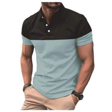 Imagem de Camisa polo masculina elástica colorida bloqueada fresca secagem rápida manga curta versátil esportiva, Azul claro, 3G