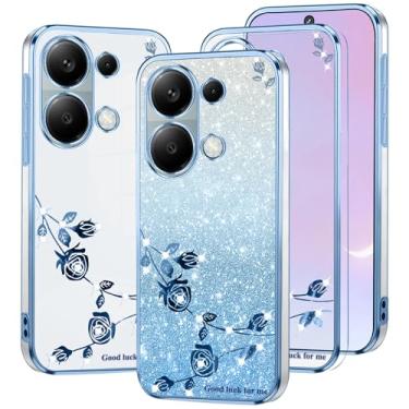 Imagem de Kainevy Capa de telefone para Xiaomi Redmi Note 13 Pro 4G transparente glitter floral azul para mulheres meninas linda capa brilhante para Xiaomi Poco M6 Pro 4G capa de silicone à prova de choque fina