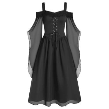 Imagem de Masbird Vestidos góticos femininos góticos manga morcego rabo de peixe slim fit vestido gótico Colthes vestido gótico, Preto, G