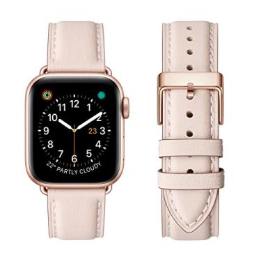 Imagem de OMIU Pulseiras quadradas compatíveis com Apple Watch de 38 mm, 40 mm, 41 mm, 42 mm, 44 mm, 45 mm, 49 mm, pulseira de couro genuíno para iWatch SE Series 8, 7, 6, 5, 4, 3, 2, 1, Utral para mulheres e homens (rosa areia/ouro rosa)
