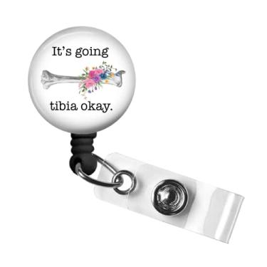 Imagem de Molinete retrátil de crachá de identificação Ortho, It's Going Tibia Okay Badge Reel, clipe giratório jacaré, 86 cm. Cordão de nylon, ID de crachá de enfermeira RN da Medical MD, porta-crachás, puxador de crachá de identificação, Pink Floral