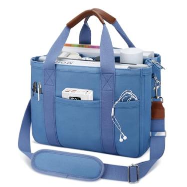 Imagem de KKXIU Bolsa feminina de lona com zíper e compartimentos, bolsa carteiro grande bíblica com bolsos, Azul, Large