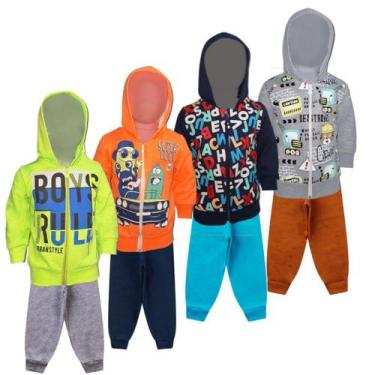 Imagem de Kit 4 Conjuntos Moletom Infantil Masculino Blusa e Calça Flanelado, c/