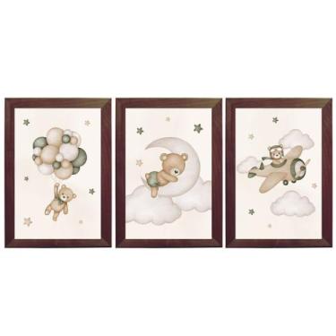 Imagem de Kit Quadro Quarto Infantil Bebê Urso Aviador Verde Bege - Creative Cat