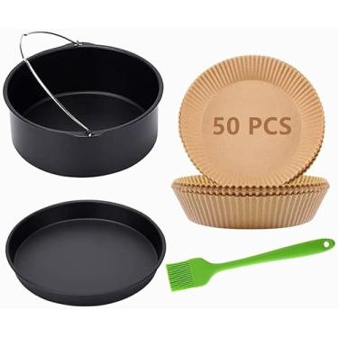 Imagem de Acessórios para fritadeira a ar, barril de bolo de 18 cm, forma de pizza, 50 peças de papel manteiga e escova de silicone para Ninja Gowise Cosori Phillips Cozyna Gourmia Zeny,