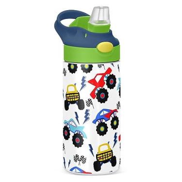Imagem de Garrafa de água infantil Monster Truck com canudo e alça de transporte, garrafas de aço inoxidável isoladas a vácuo, à prova de vazamento, para meninos e meninas, tampa verde de 340 g