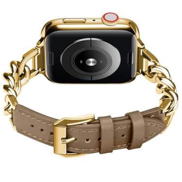 Imagem de ABNUSR Pulseira de couro compatível com Apple Watch de 49 mm, 45 mm, 44 mm, 42 mm, 41 mm e 40 mm com ligações de metal, pulseira de couro elegante para iWatch séries 9, 8, 7, 6, 5 e 4 e SE, Ultra, (42