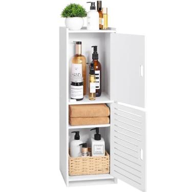 Imagem de Armário de banheiro branco, suporte de chão com armazenamento lateral, unidade de canto com porta e prateleiras para casa, cozinha/sala de estar