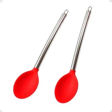 Imagem de Kit com Duas Colheres de Silicone Premium com Cabo de Inox Utensílio Multiuso para Cozinha Ideal para Altas Temperaturas e Com Gancho Prático para Pendurar (Vermelha)