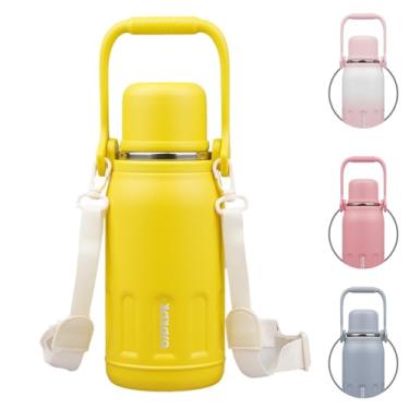 Imagem de BJPKPK Garrafa térmica isolada com alça e tampa Garrafas de água de aço inoxidável de 765 g para bebidas frias e quentes, amarela