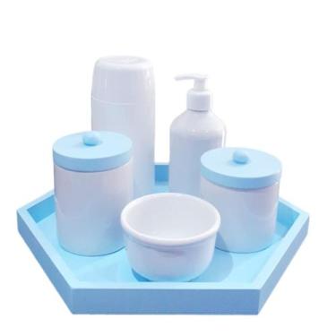 Imagem de Kit Higiene bebê porcelana menino tampa bandeja nuvem azul garrafinha 