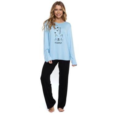 Imagem de Pijama Longo Feminino Cat Pellin 011 Super quentinho, EG, Azul, Preto