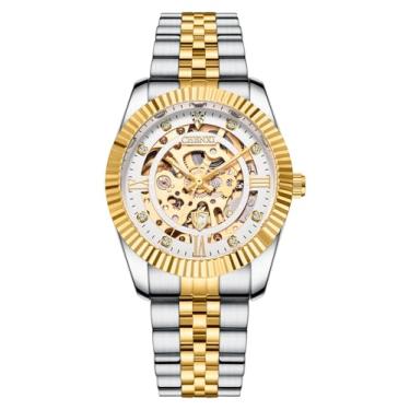 Imagem de Verhux Relógios masculinos esqueleto dourados, automáticos, luxuosos, realçados, mecânicos, de aço inoxidável, à prova d'água, charmosos, 8840 relógios masculinos de dois tons com mostrador prateado