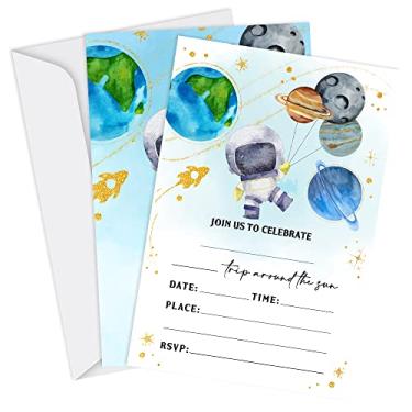 Imagem de Tuyashua Convites de festa de aniversário espacial, convites de astronauta de ouro azul, planetas do espaço sideral, suprimentos de festa espacial para meninos meninas, decorações de festa de